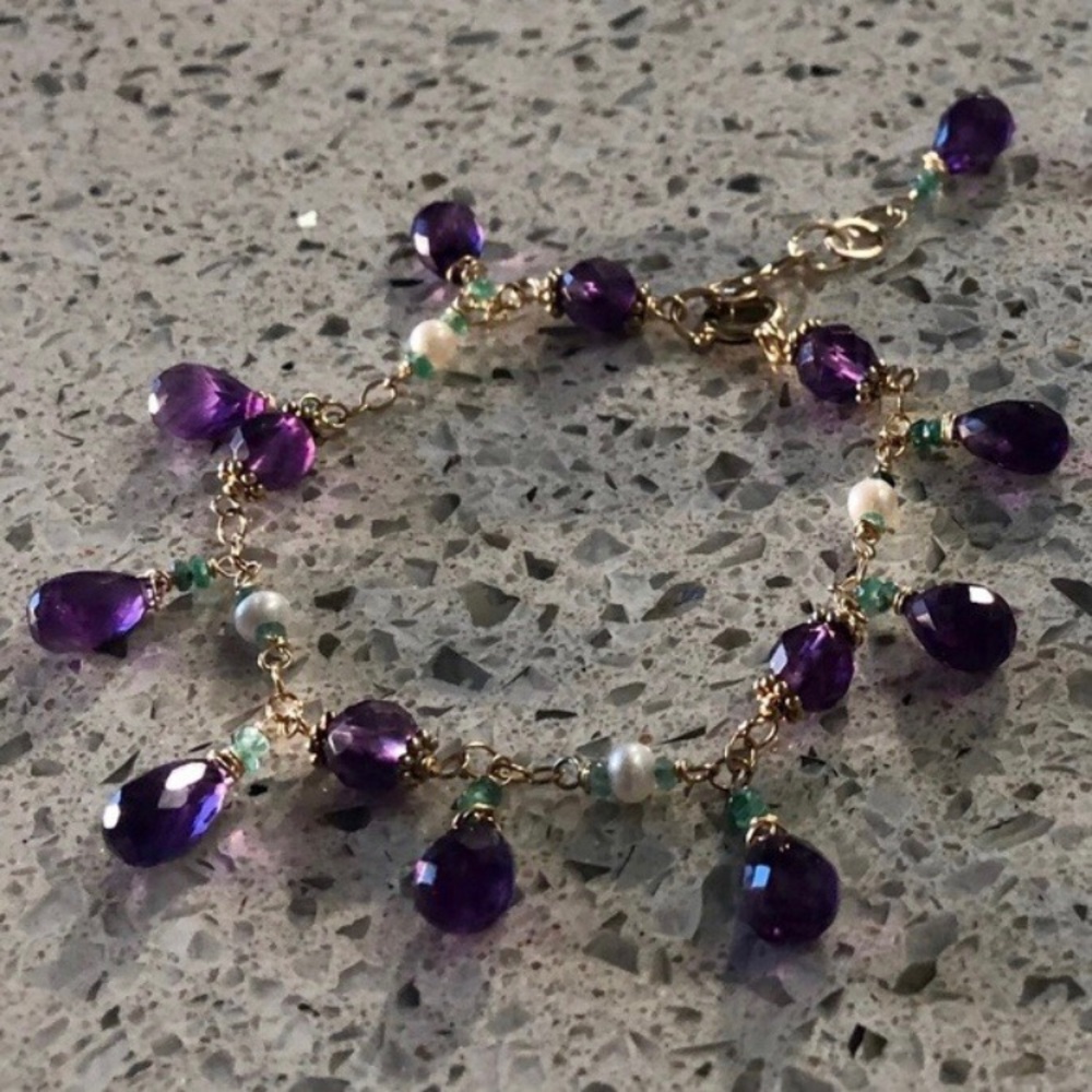 New Genuine Natural African Amethyst Brazilian Emerald Pearl Bracelet